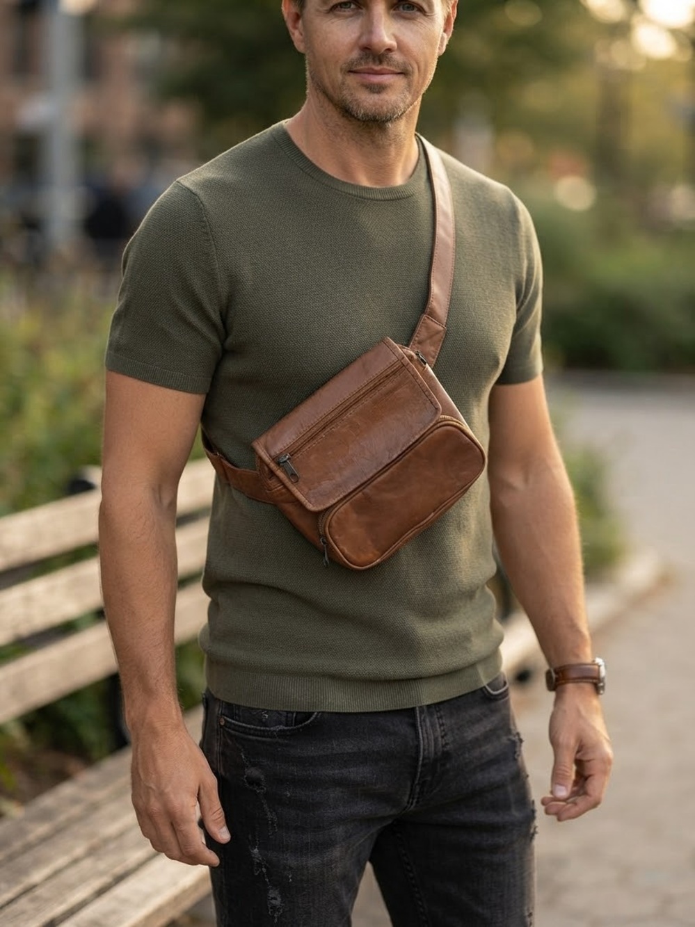 Men's Tan Leather Belt Bag - Casual Hands-Free Carry
